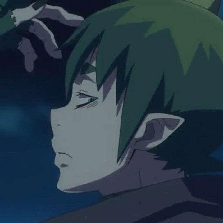 an anime character with green hair and blue eyes looking off into the distance at night