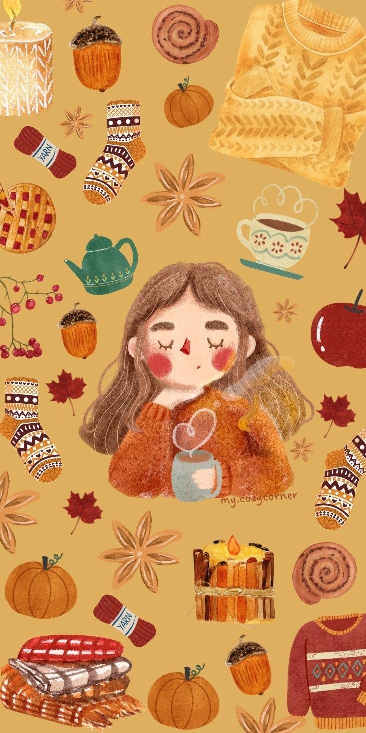 a painting of a girl surrounded by autumn decorations and other fall related items on a yellow background