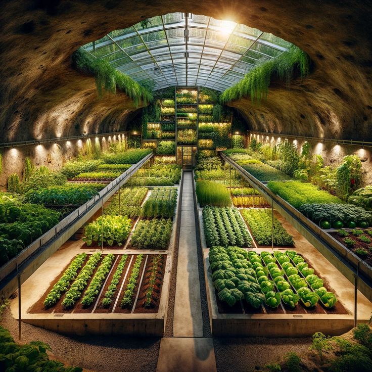 an indoor garden with lots of plants growing in the ground and lights shining on them