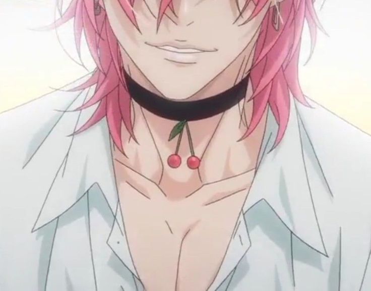 a man with pink hair wearing a choker