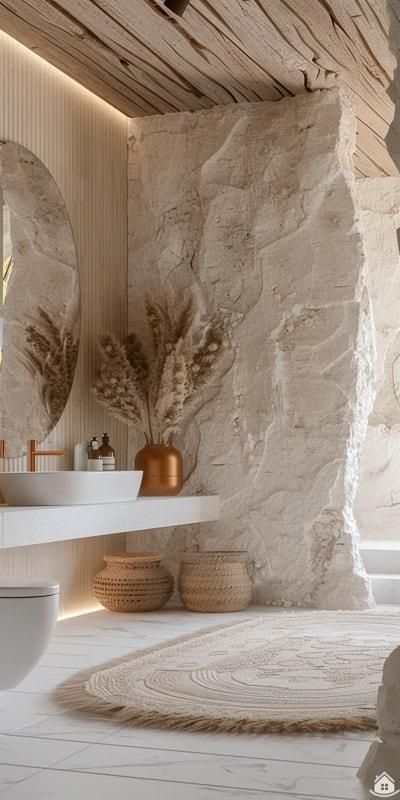 a bathroom with stone walls and two round mirrors on the wall next to a sink