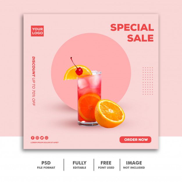 a flyer for a special sale with an orange drink and two pieces of fruit on the side