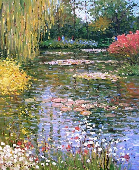 a painting of water lilies and trees