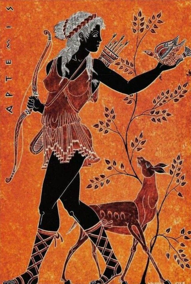 an ancient painting with a woman and deer