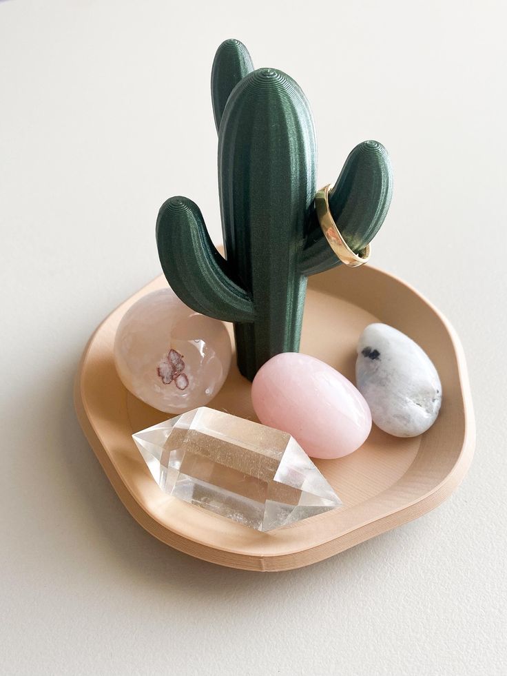 a green cactus sitting on top of a wooden tray next to rocks and crystals in it