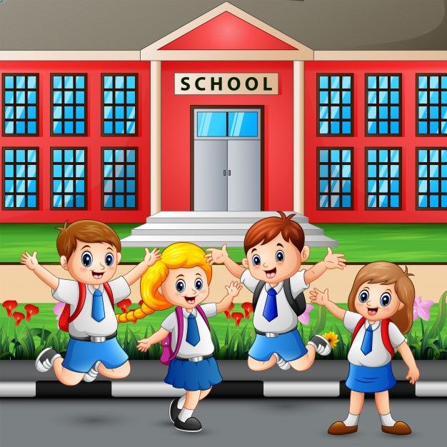 the children are running in front of the school building with their hands up and smiling