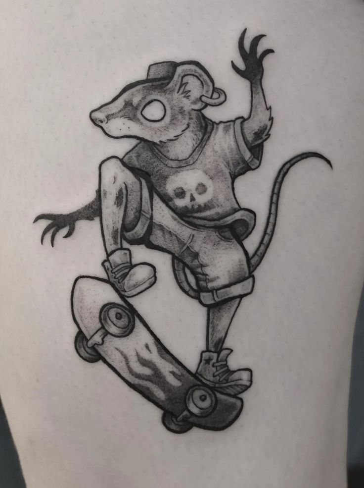 a drawing of a rat riding a skateboard on the back of a person's leg