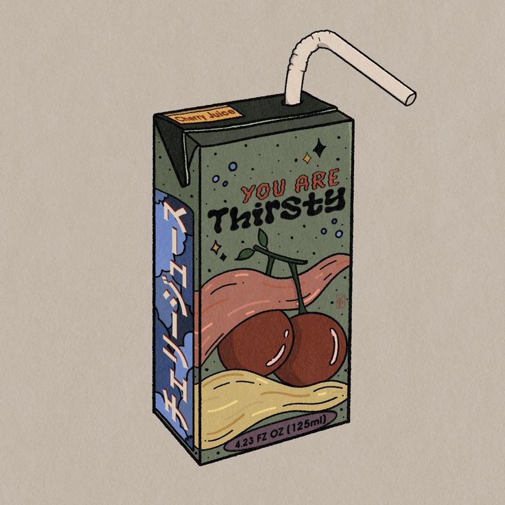 an illustration of a milk carton with two cherries in it and the words you are thirsty written on the side