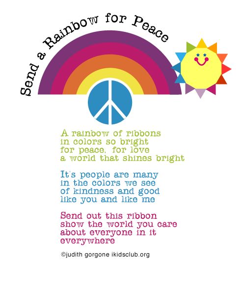 a rainbow poster with the words, peace and sun above it in different colors on a white background