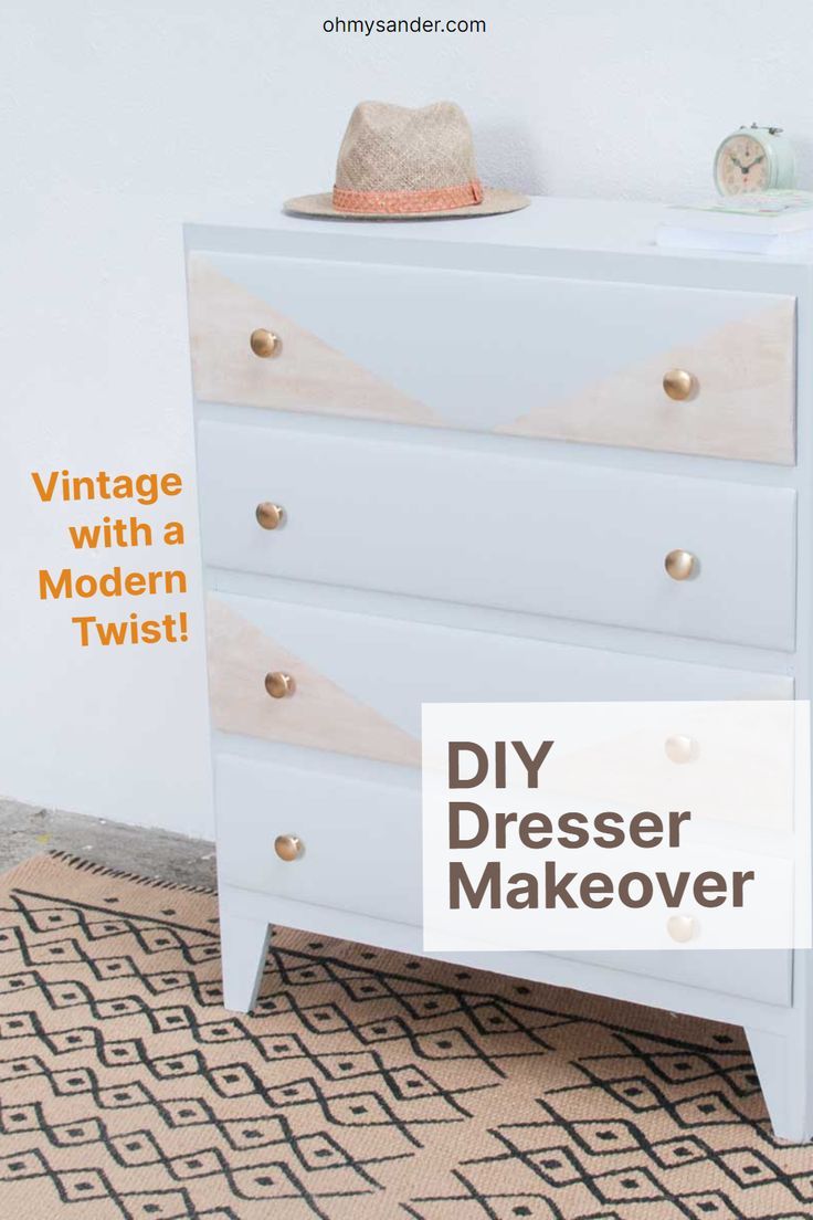 the dresser is painted white and has gold knobs on it, with text overlay that reads vintage with a modern twist diy dresser makeover