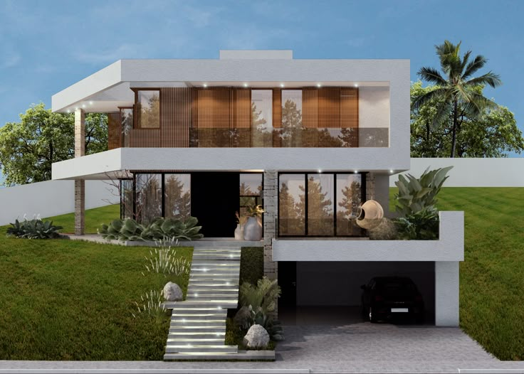 an artist's rendering of a modern house with stairs leading up to the front door