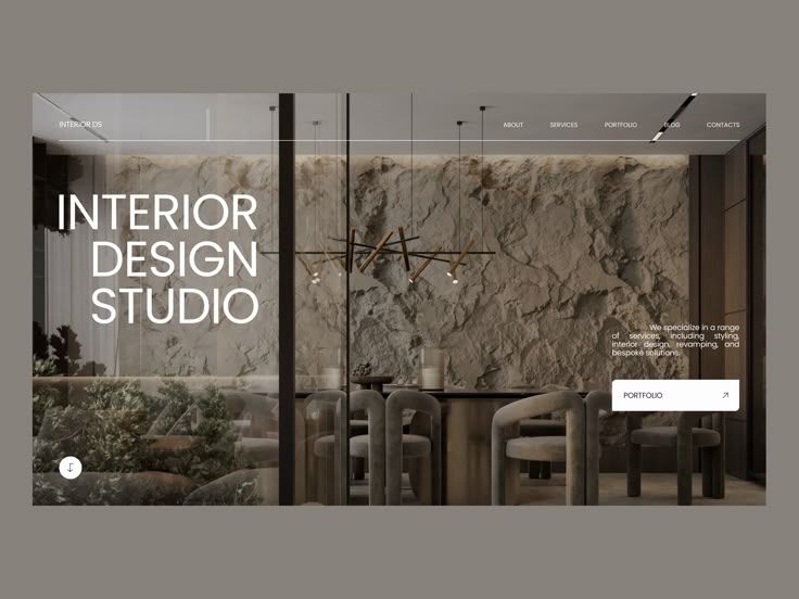 the interior design studio website is displayed in front of an image of a table and chairs