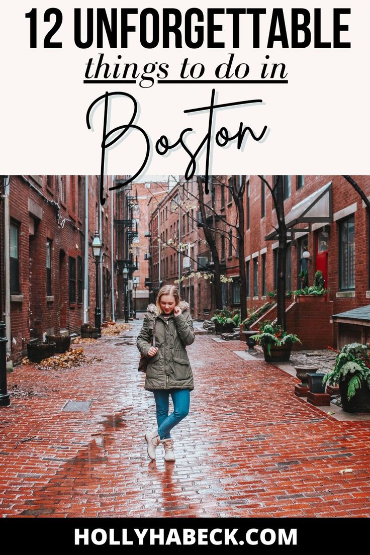 a woman walking down the street in boston with text overlay that reads, 12 unforgettable things to do in boston