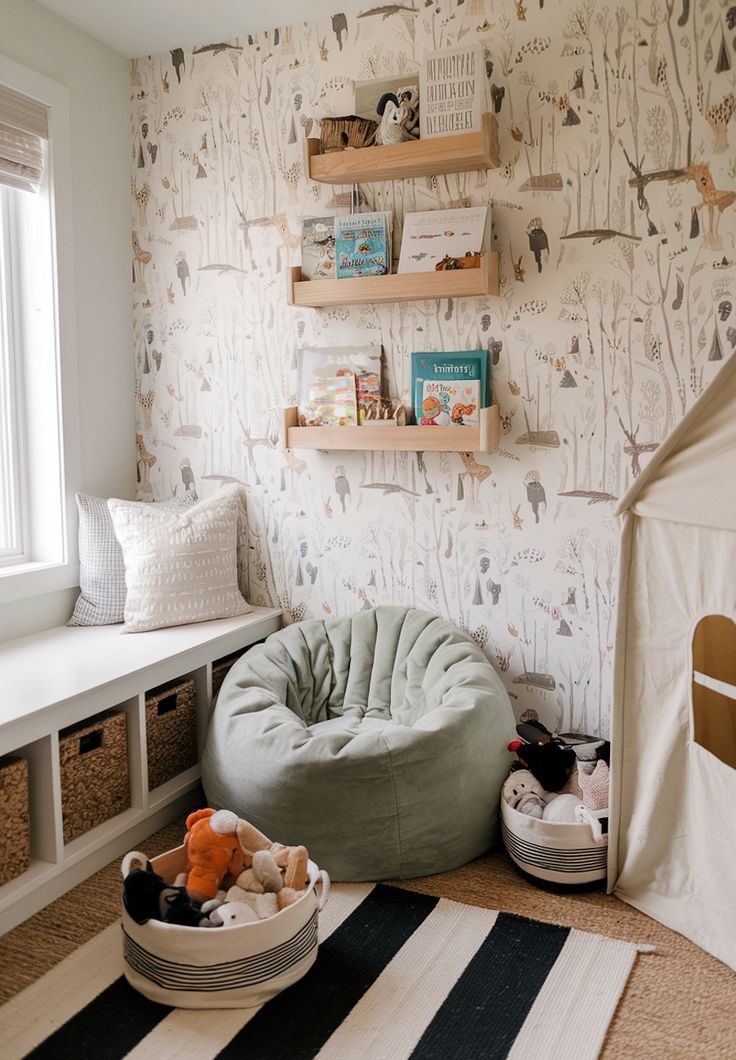 a child's room with shelves on the wall and stuffed animals in their bed