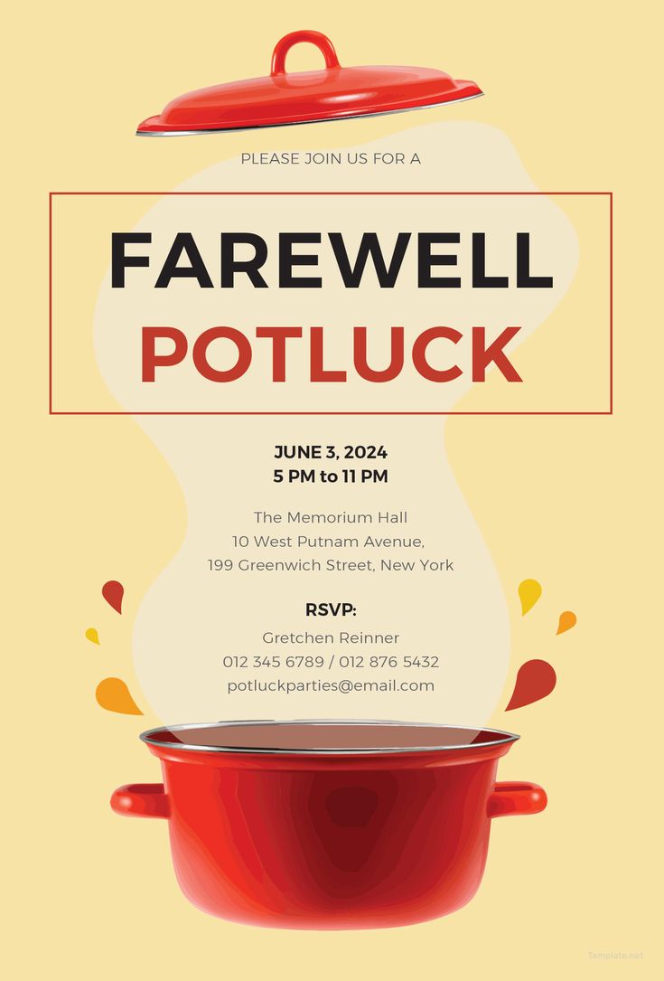 a flyer for a potluck event with an image of a red casserole