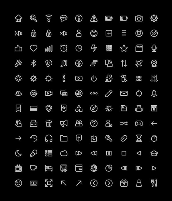 a large set of white icons on a black background, all in different shapes and sizes