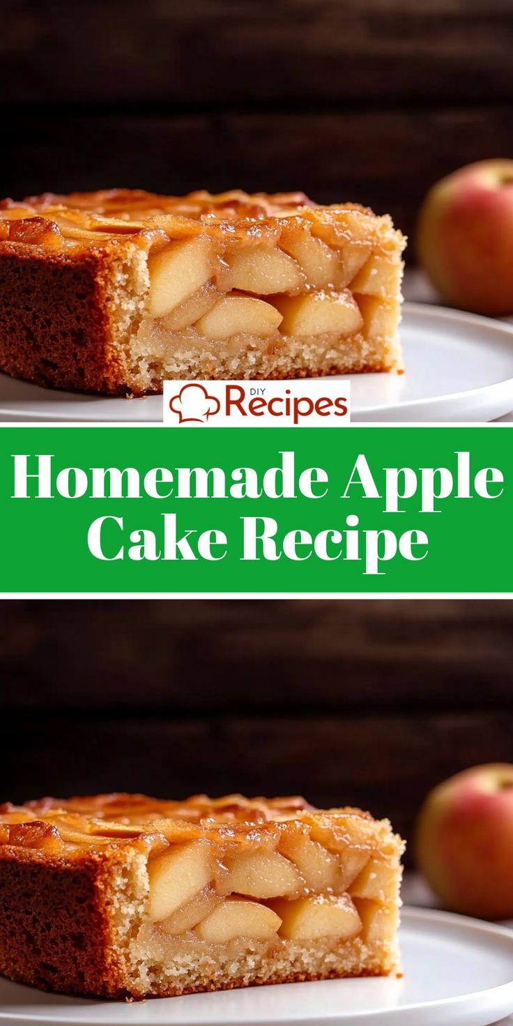 homemade apple cake recipe on a white plate with apples in the background and text overlay