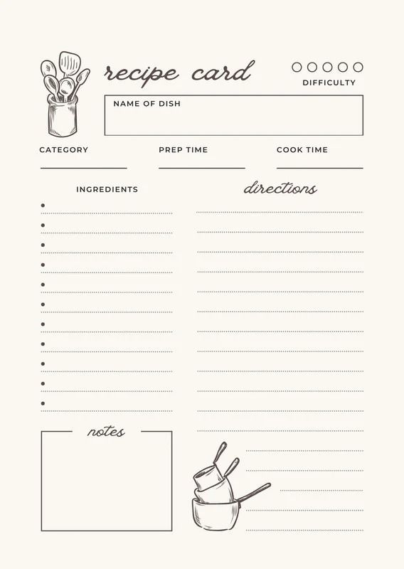 a recipe card with utensils and cooking utensils on the side,