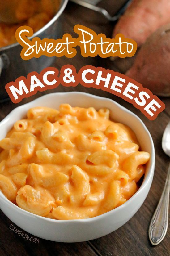 sweet potato mac and cheese in a white bowl