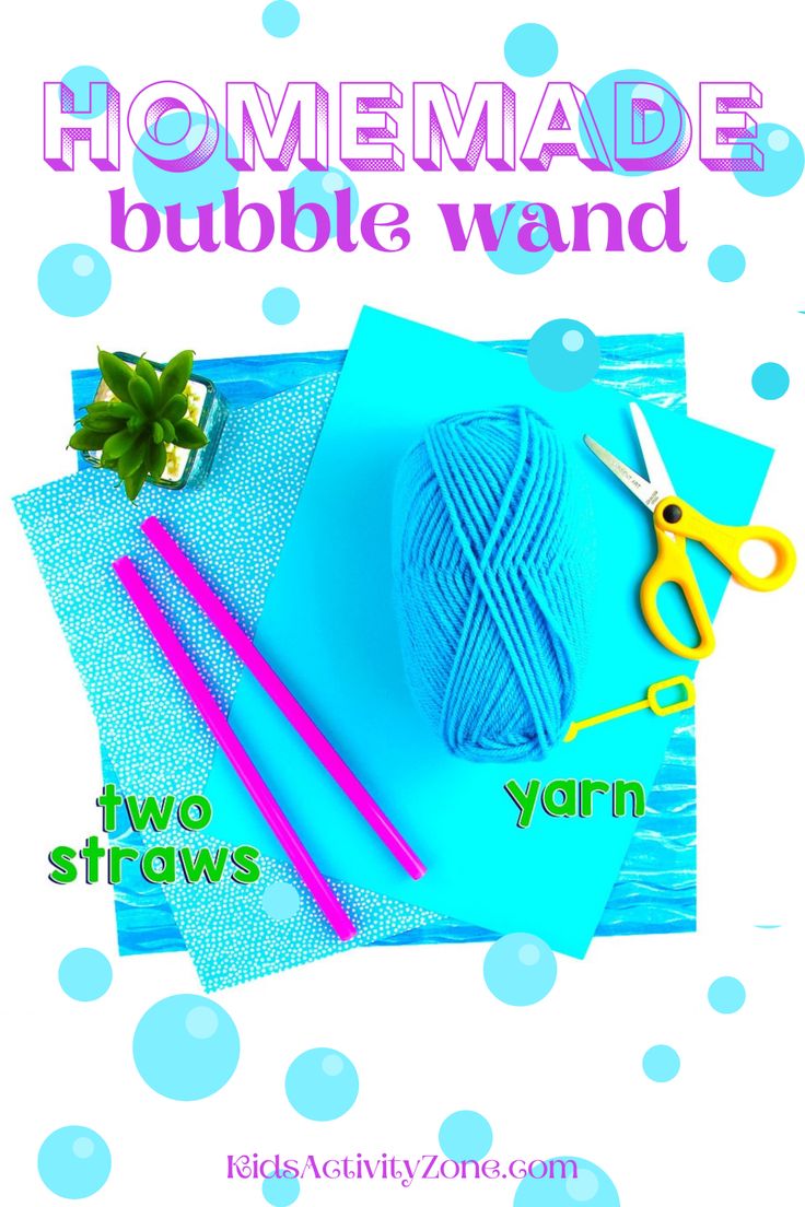 two yarns and scissors on top of blue paper with words homemade, bubble wand