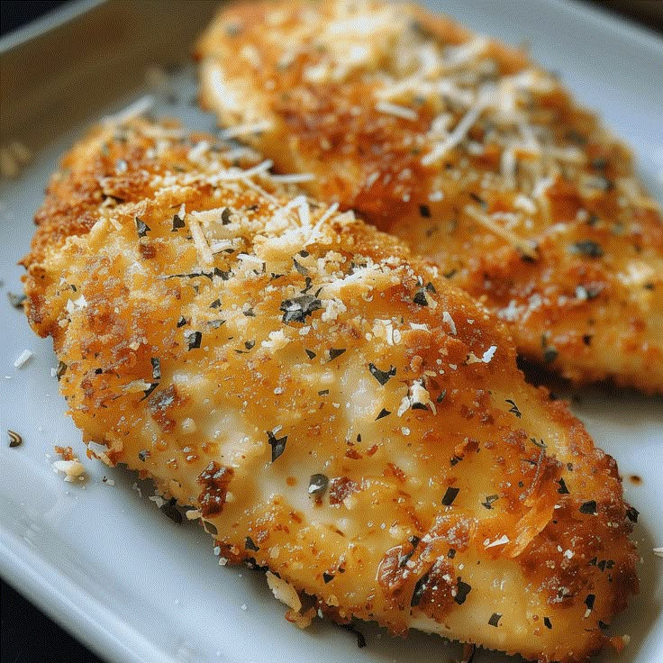 two pieces of chicken covered in cheese and parmesan sprinkles on a white plate