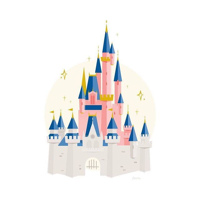 a pink castle with blue turrets and stars