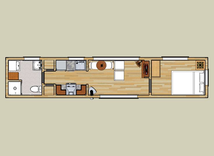 the floor plan for a tiny cabin with two beds and an attached living room area