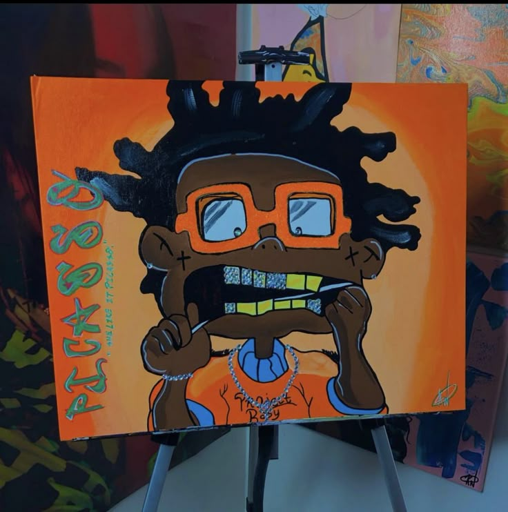 Rapper Paintings Canvases, Proud Family Canvas Painting, Hood Painting Ideas, High Characters Painting, Black Cartoon Paintings, Proud Family Paintings, Rapper Canvas Painting, Cartoon Characters High Paintings, Boondocks Canvas Painting