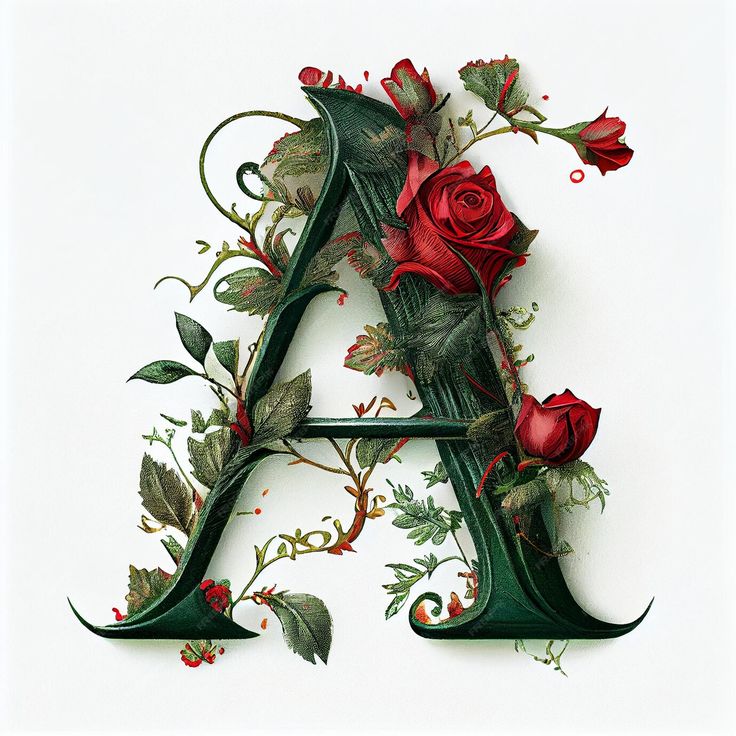 the letter a is decorated with roses and leaves