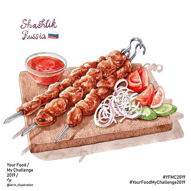 a watercolor painting of meat skewers and vegetables on a wooden cutting board