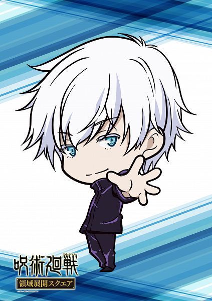 an anime character with white hair and blue eyes, holding his hand up to the side