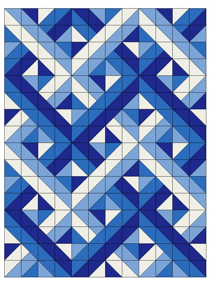 a blue and white pattern with triangles on the bottom, in different directions to make it look