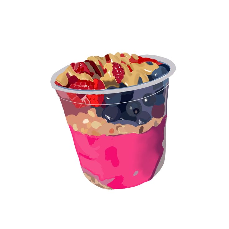 a plastic container filled with cereal and fruit on top of a white table next to a pink cup