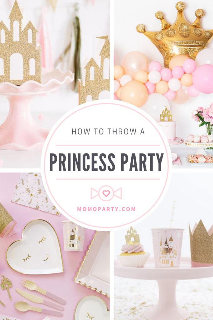 a princess party with pink and gold decorations, balloons, plates, cups and napkins