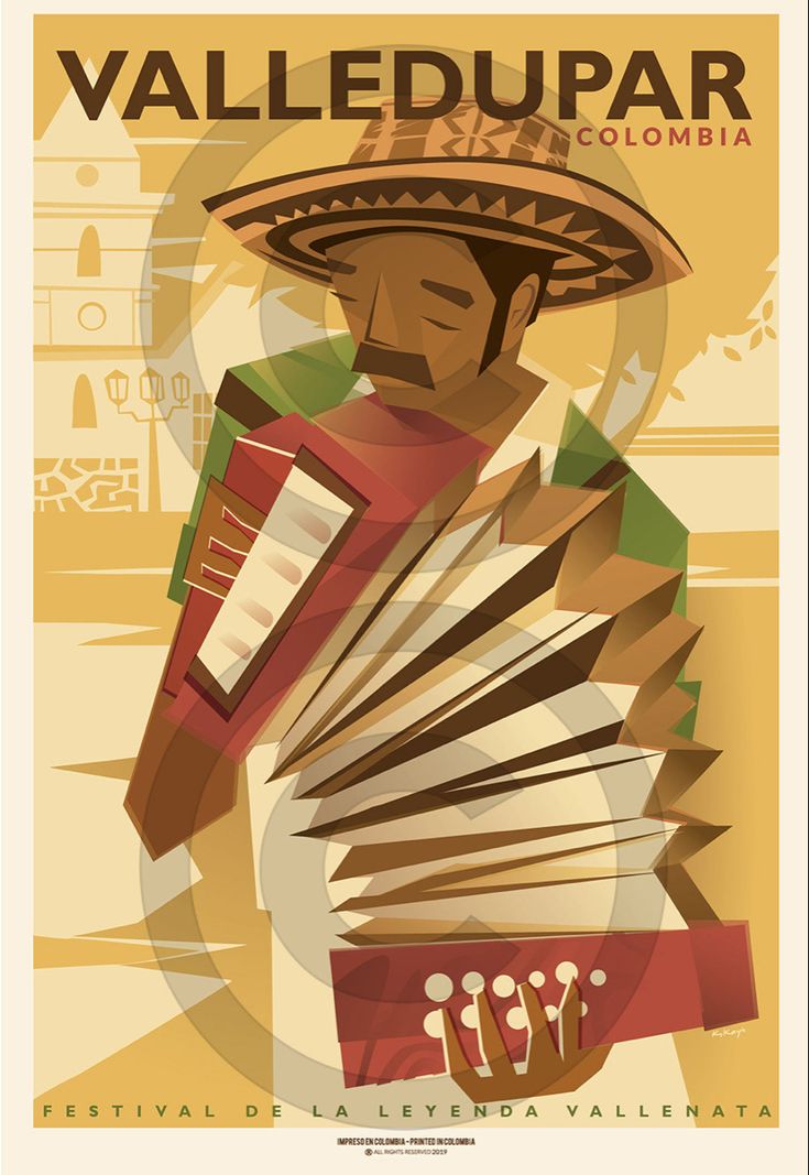 a poster with an image of a man in a sombrero playing the accordion