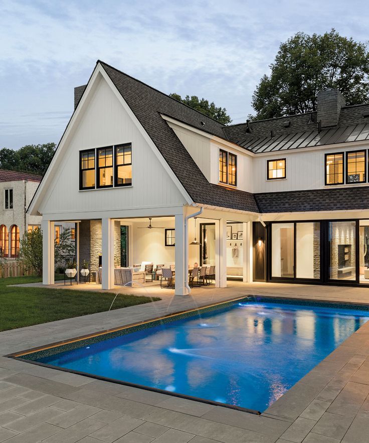 a house with a swimming pool in front of it