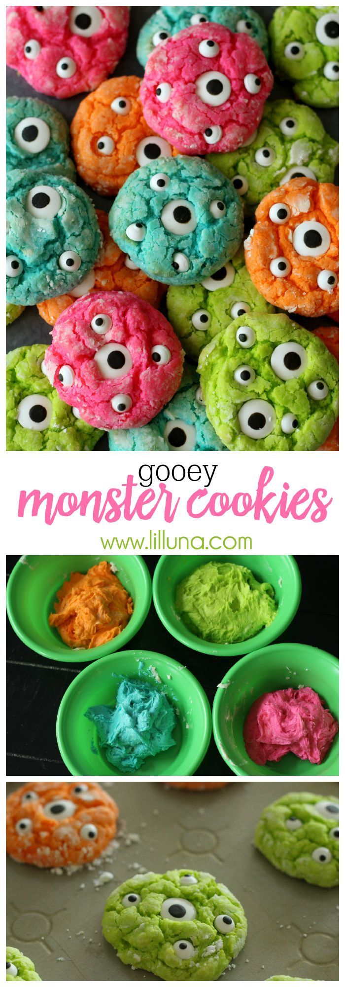 some monster cookies with gooey eyes and green frosting in bowls on the table