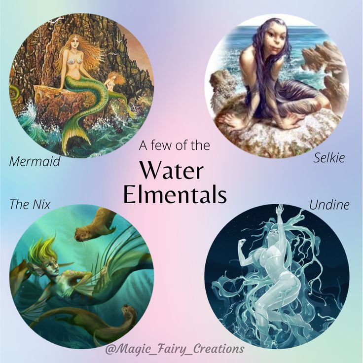 four different mermaids with their names in the middle one is for water and the other two are for sea creatures