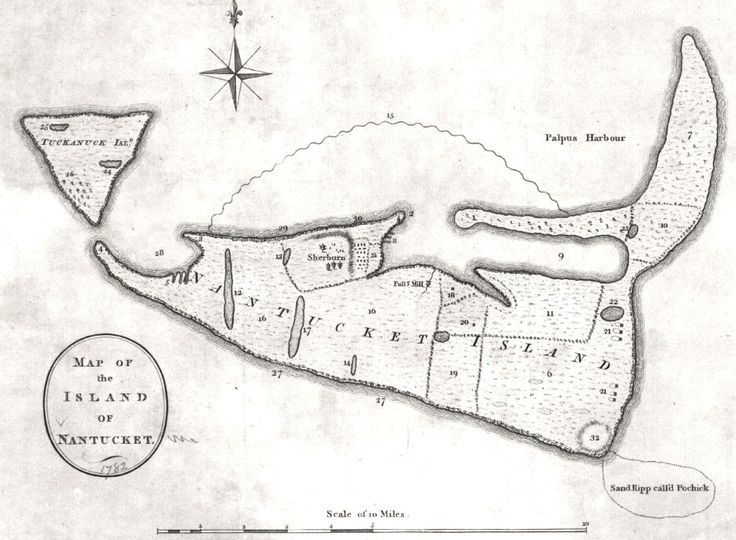 an old map of the island of nantuker, with several points marked in red