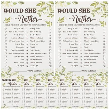 two wedding seating cards with the words would she rather be married? and green leaves