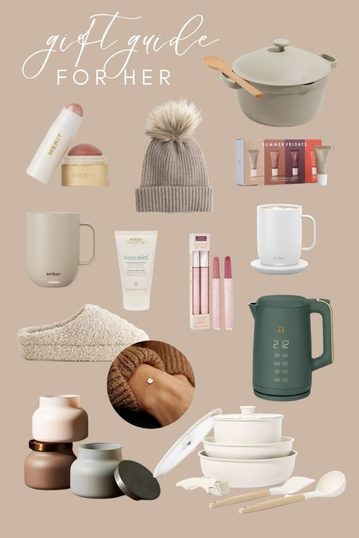 an assortment of beauty products and accessories on a beige background