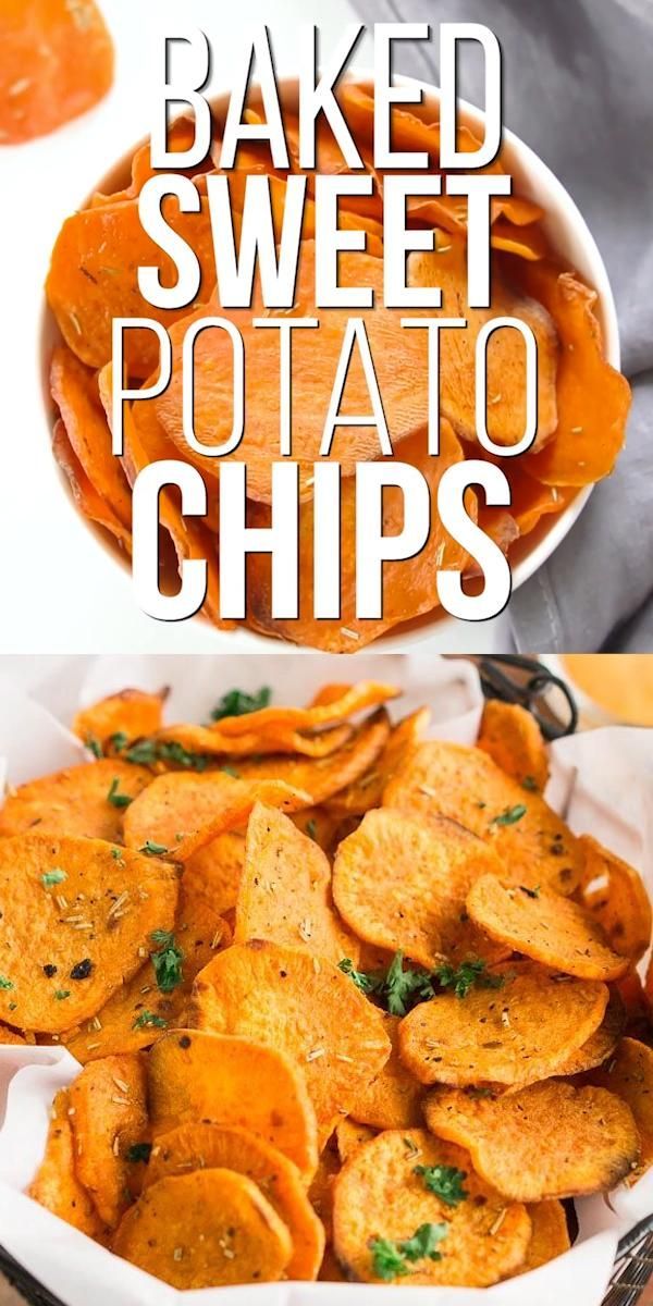 baked sweet potato chips in a bowl with the words baked sweet potato chips above them