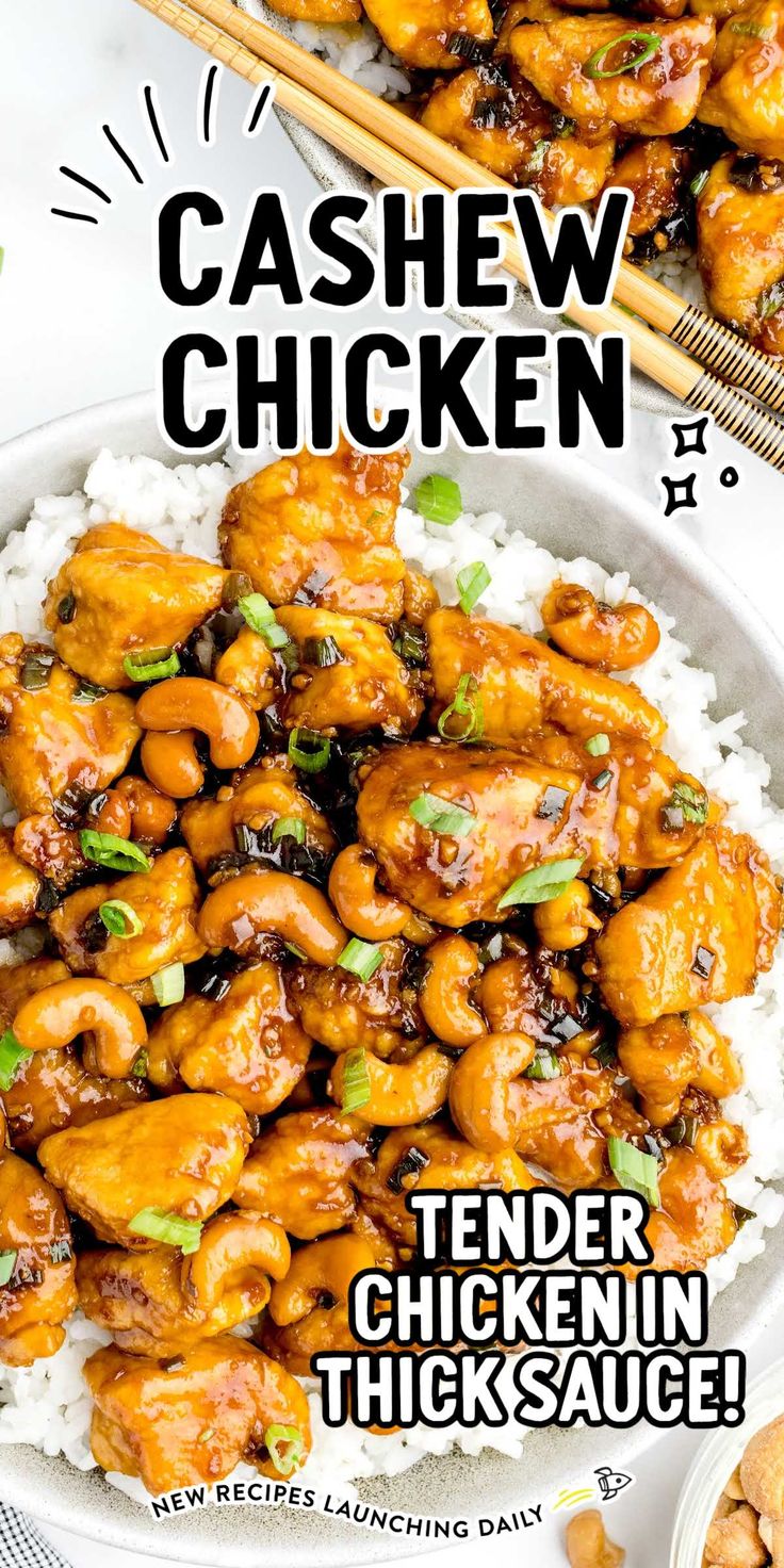 the recipe for cashew chicken is shown on top of rice