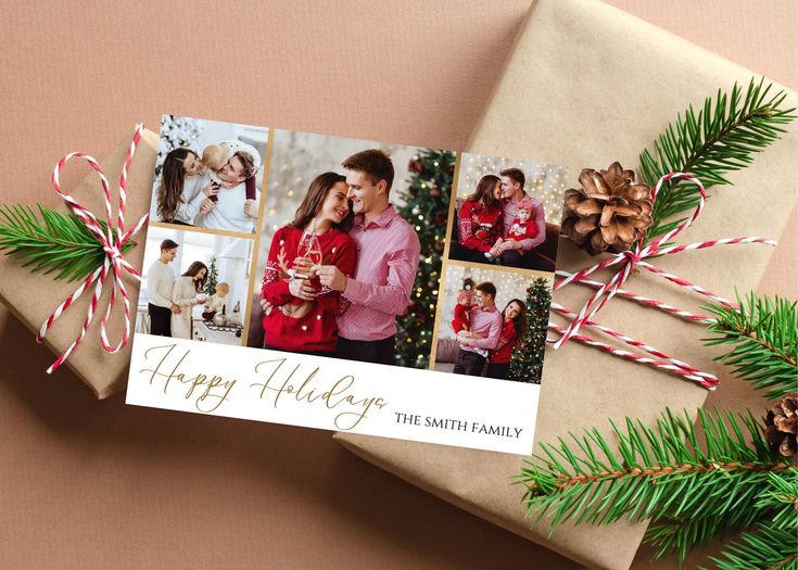 a christmas card is wrapped in brown paper and decorated with twine, pine cones and candy canes