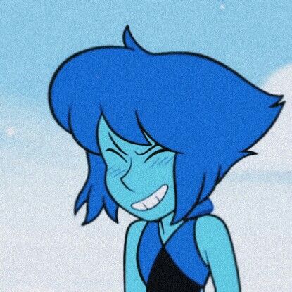 an animated character with blue hair and black dress standing in front of the sky, smiling