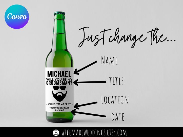 a beer bottle with labels on it that read just change the name, title and location date