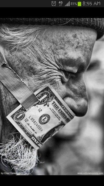 an old man with money strapped to his face