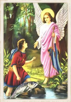 an angel and a boy are in the woods with fish on a stream, one is feeding