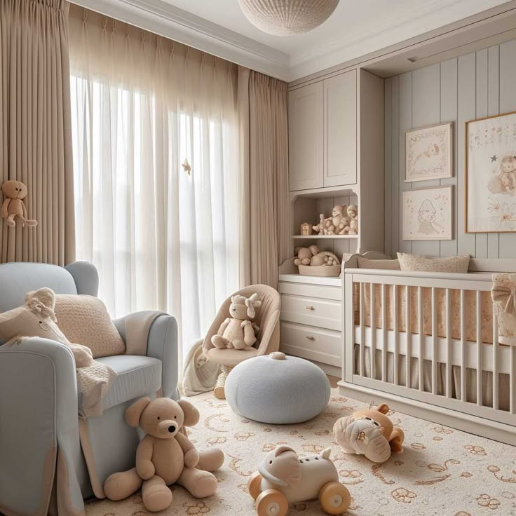 a baby's room with teddy bears and crib