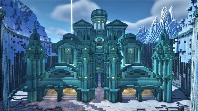 Minecraft Sea Temple Ideas, Minecraft Void Builds, Ocean Temple Minecraft, Minecraft Sea Temple Base, Sea Temple Minecraft, Underwater Castle Minecraft, Minecraft Ocean Monument Ideas, Minecraft Water Castle, Minecraft Aquatic Build